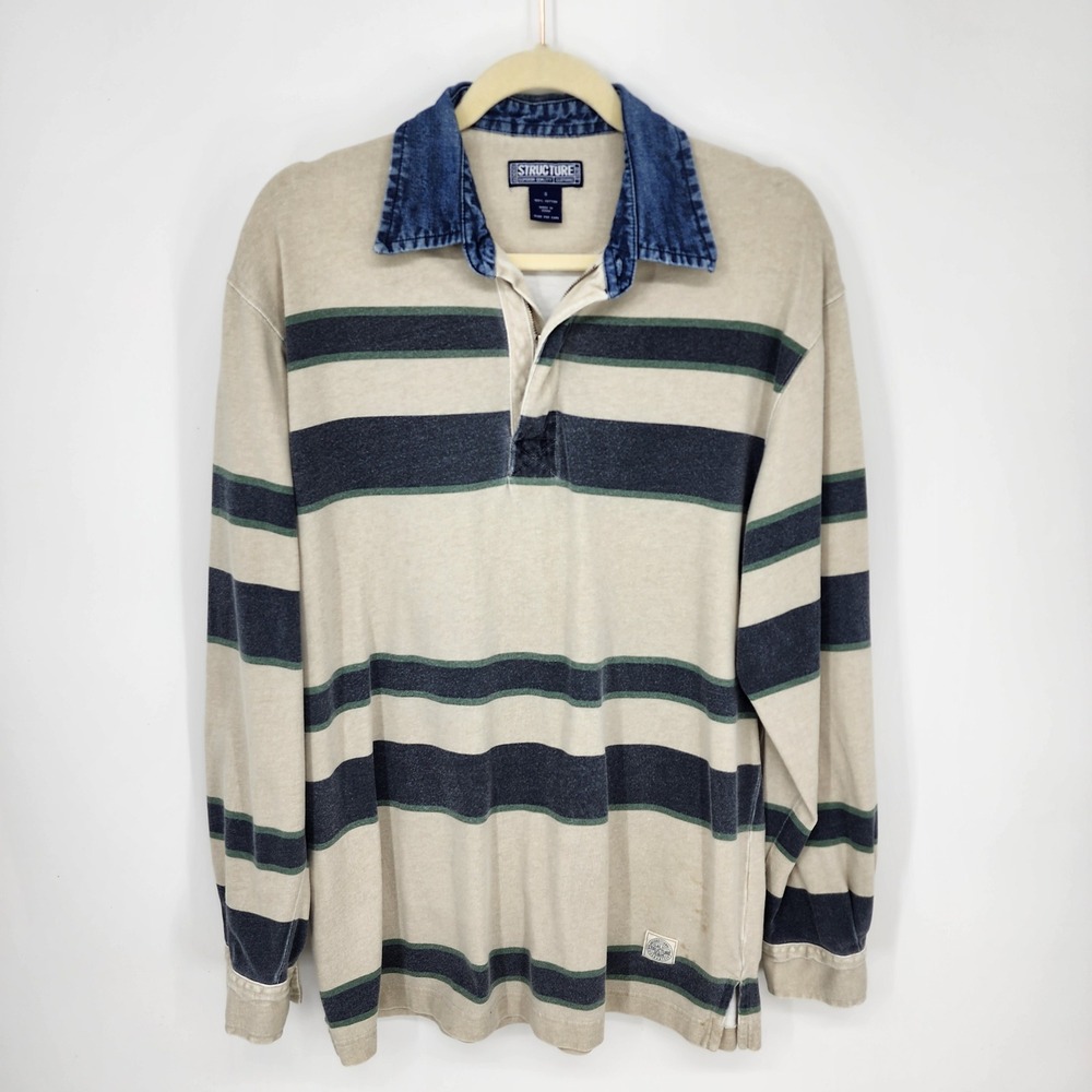 Vintage 90s Structure Striped Rugby Shirt Mens S Beige Denim Collar Long Sleeve